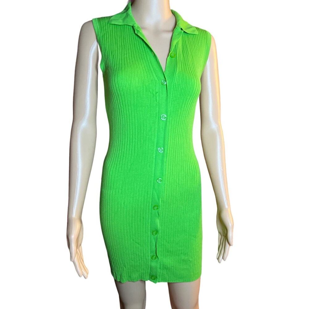 ZARA Dress Women’s Medium Button Down Sleeveless Ribbed Bodycon Midi Green